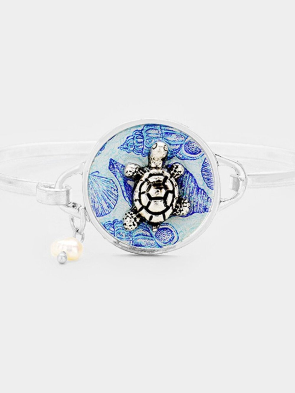 Patterned Sea Turtle Pearl Charm Hook Bangle Bracelet - Blue Beach Jewelry